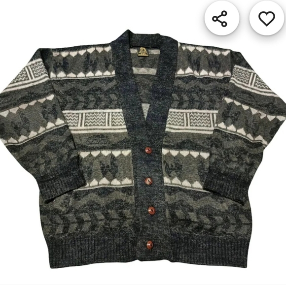 Tejidos Ruminahui V-neck Black/gray/white Knitted WollCardigan Vintage Sz XL